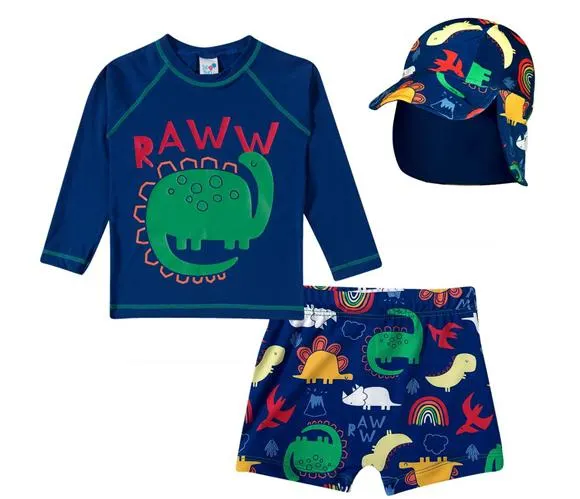 conjunto 3 peças praia dino lycra kids proteção uv50+