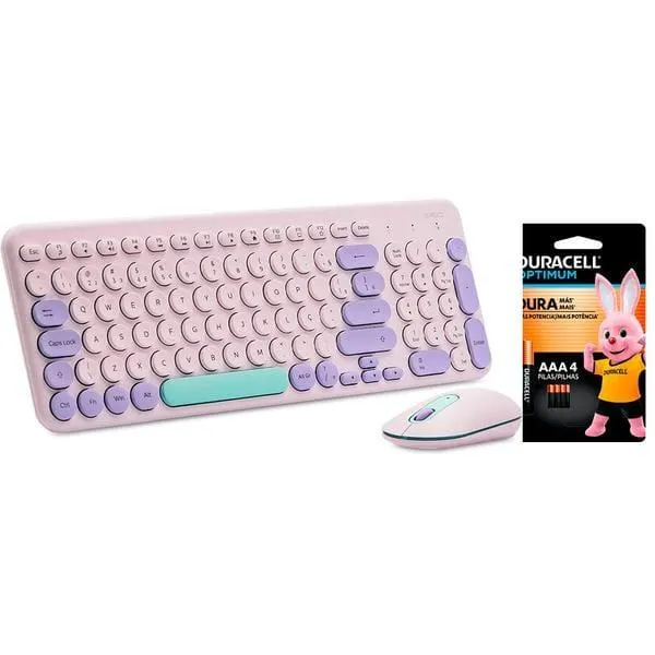 Teclado e Mouse sem Fio, Wireless, Padrão ABNT2, Lilás, KMW278L, Ergo + Pilha Alcalina Duracell Palito AAA, Optimum CX 1 UN