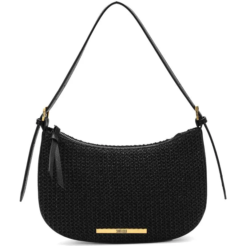 Bolsa Baguete Meia Lua Pequena Tramado Palha Preta