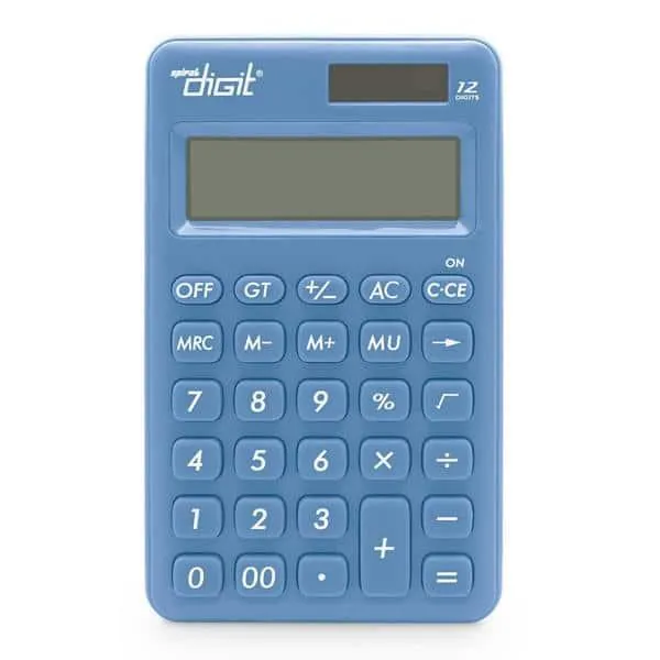Calculadora de bolso (Bateria/Energia Solar), 12 dígitos, Azul, 1200, Spiral Digit BT 1 UN