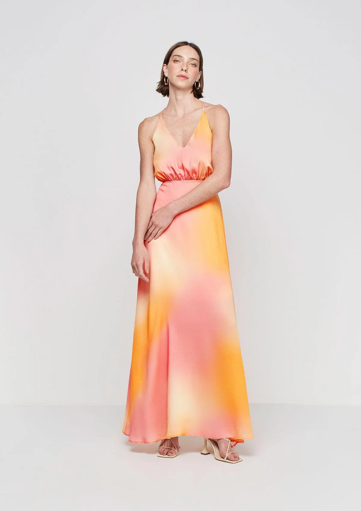 Vestido Longo Decote V Em Voil - Laranja