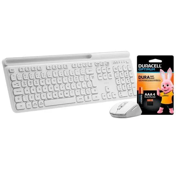 Kit Teclado e Mouse sem Fio, Wireless e Bluetooth, Padrão ABNT2, Branco, KMWB258W, Ergo + Pilha Alcalina Duracell Palito AAA, Optimum CX 1 UN