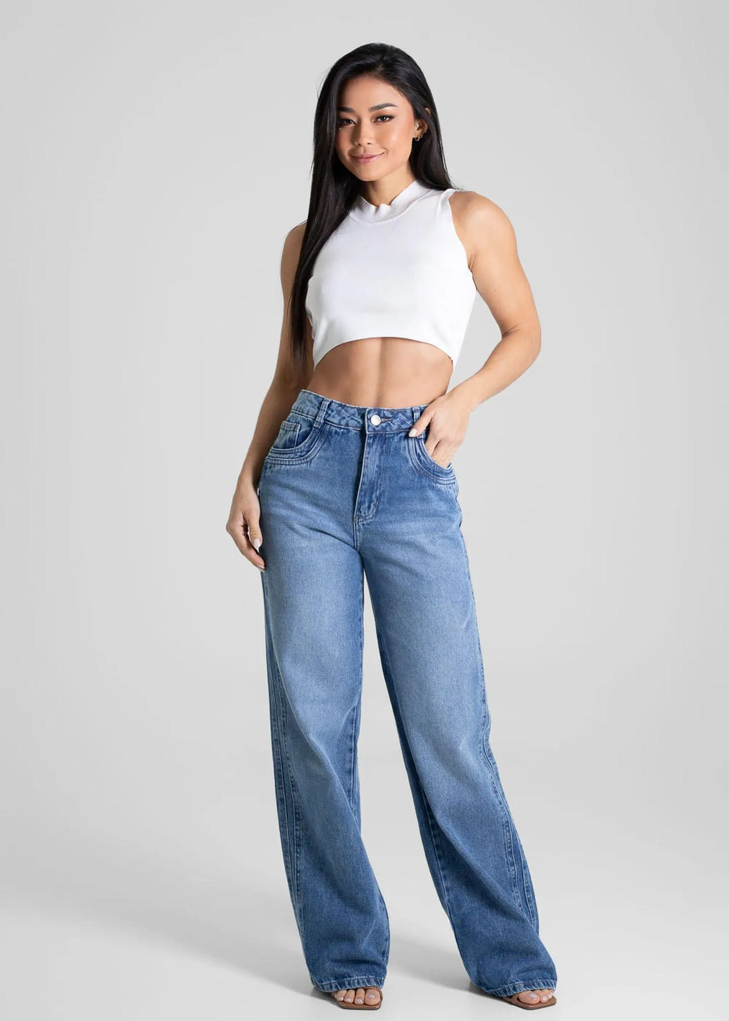 Calça Jeans Wide Leg Jeans Liso - Sawary