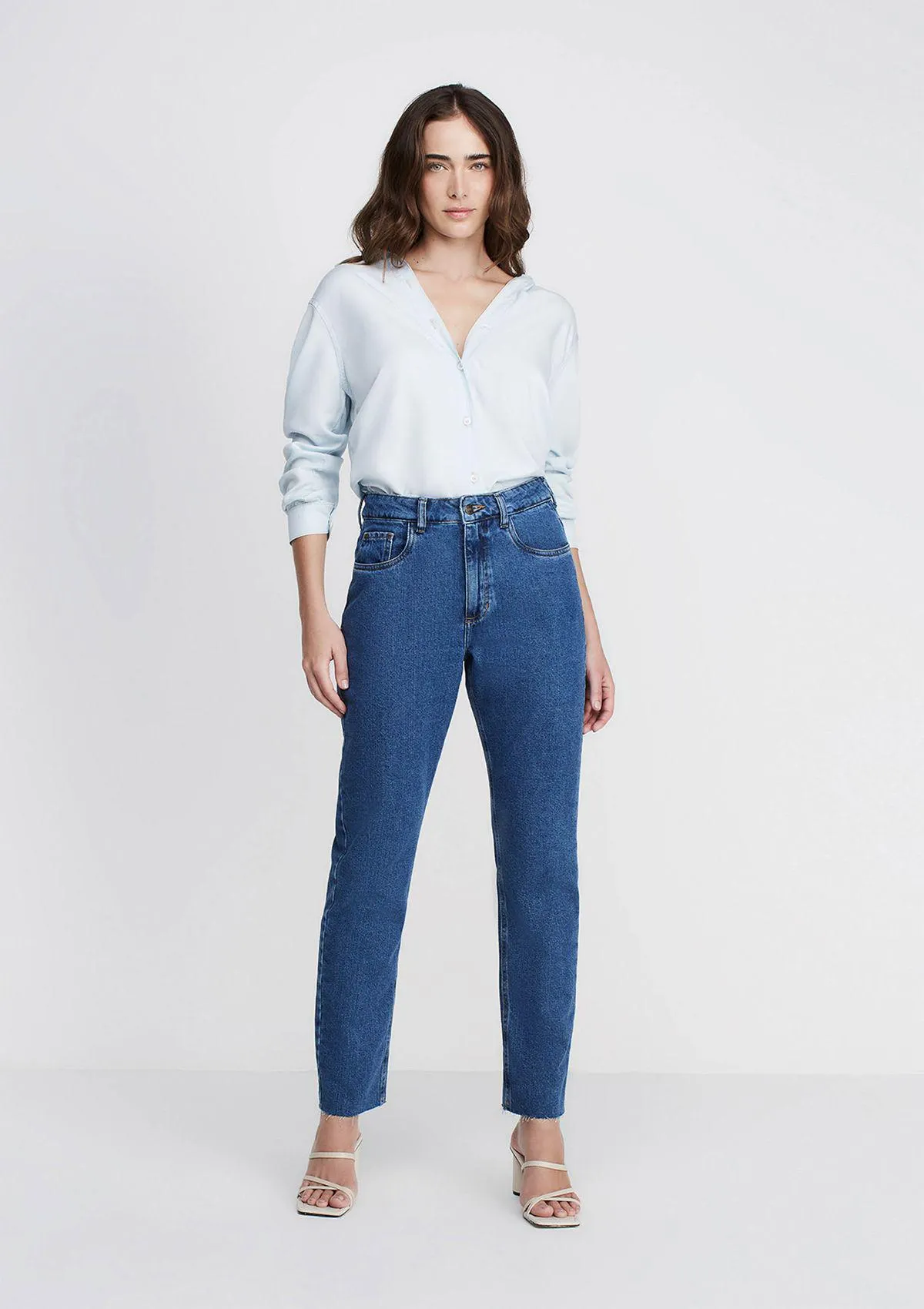 Calça Jeans Reta Slim Cintura Alta - Azul