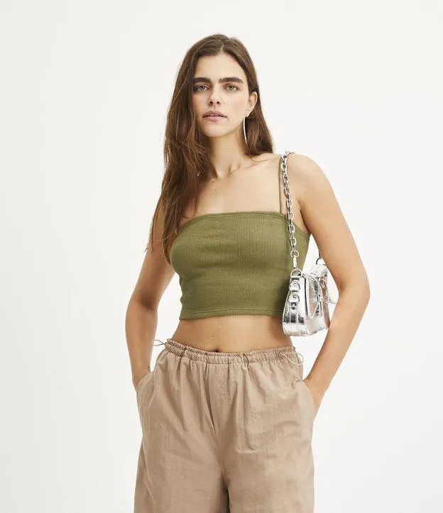 Blusa Cropped de Alça em Ribana Texturizada Verde