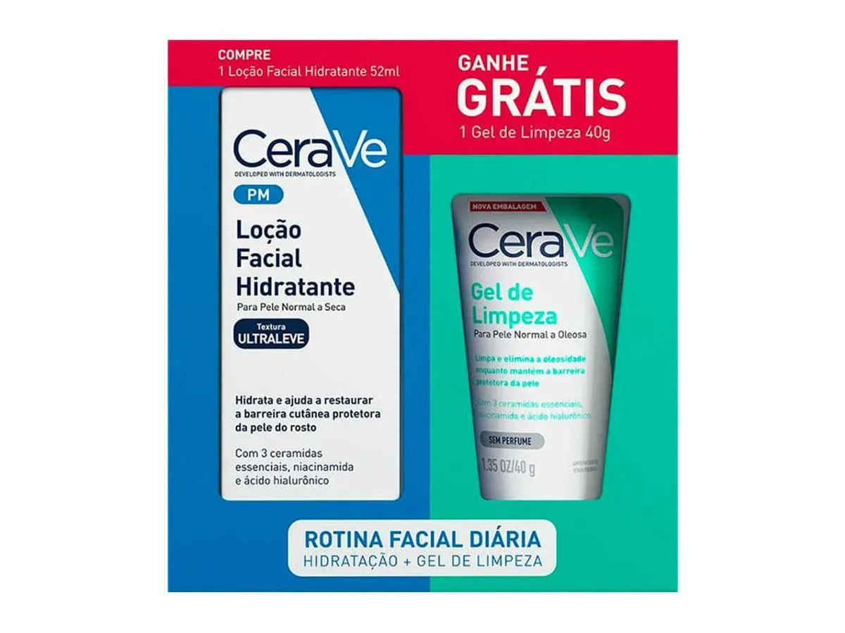 Kit Loção Facial Hidratante Cerave Ultraleve 52ml + Gel de Limpeza Cerave Pele Normal a Oleosa 40g
