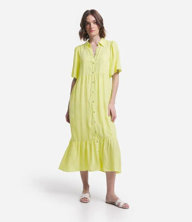 Vestido Midi Manga Curta em Jacquard com Coqueiros Texturizados Verde