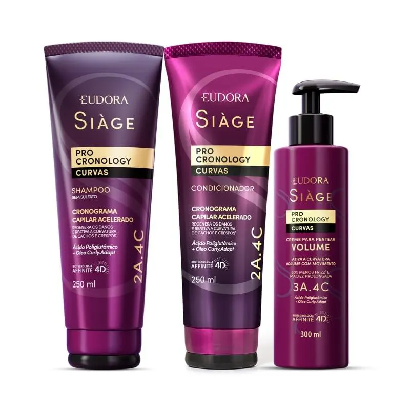 Combo Siàge Pro Cronology Curvas: Shampoo 250ml + Condicionador 250ml + Creme para Pentear Volume 300ml