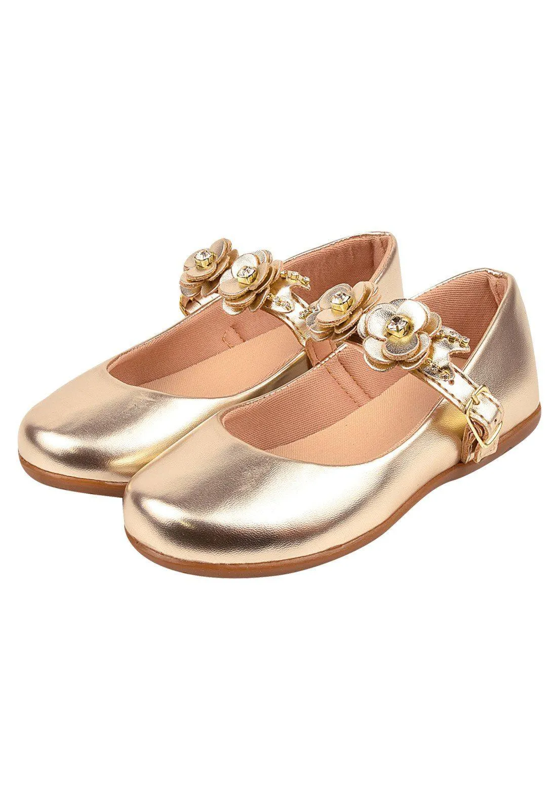 Sapatilha Infantil Feminina Ouro Metalizada Flor Dupla Na Tira Mari Lima Calçados Infantis