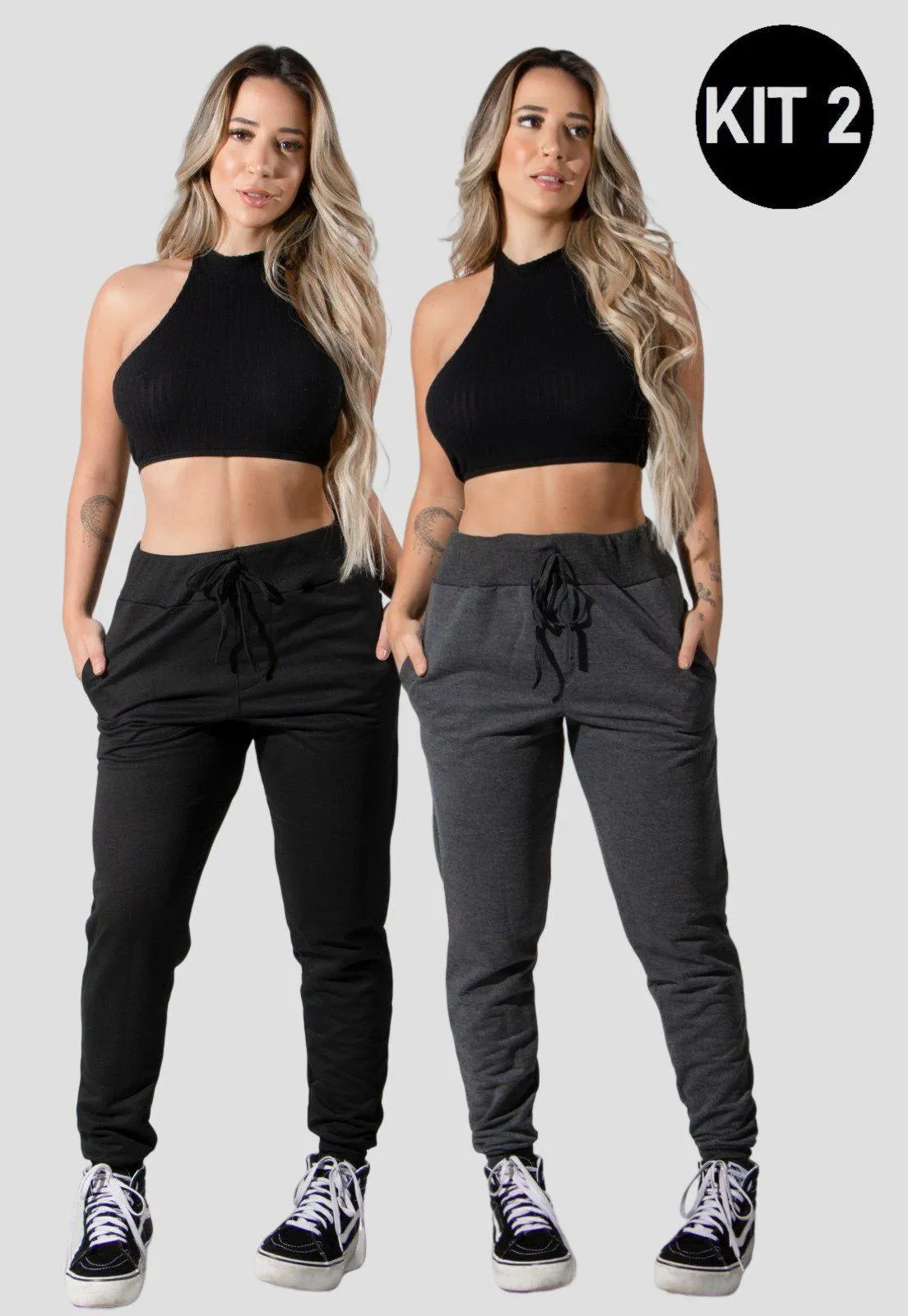 Kit 2 Calças Moletinho Com Punho 4 Estações Feminino Flanelado Lisa Inverno Cintura Alta Preto/Cinza