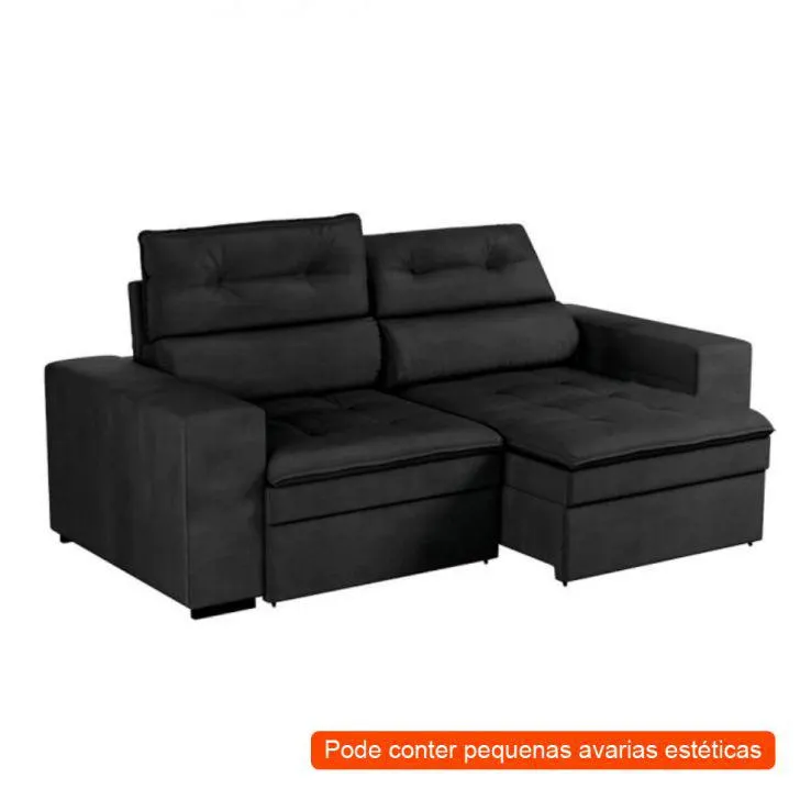 [OUTLET] Sofá 3 Lugares Retrátil e Reclinável com Baú Cancún Suede Veludo Preto