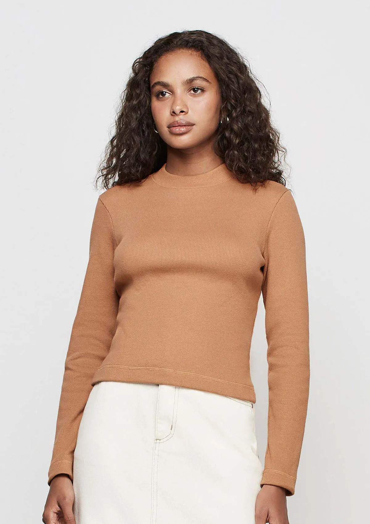 Blusa Canelada Manga Longa Ajustada - Marrom