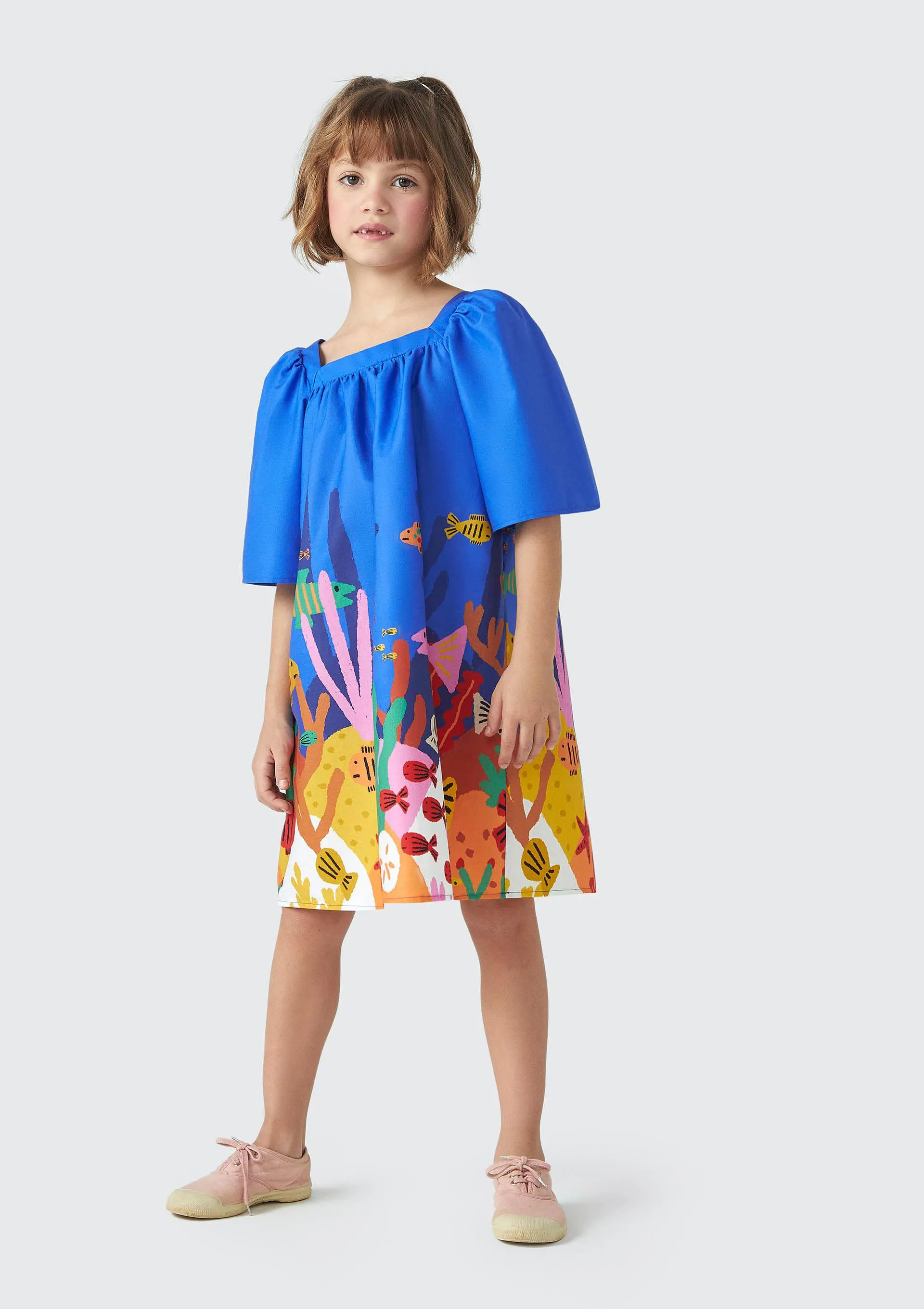 Vestido Curto Infantil Amplo Estampado Fábula - Azul