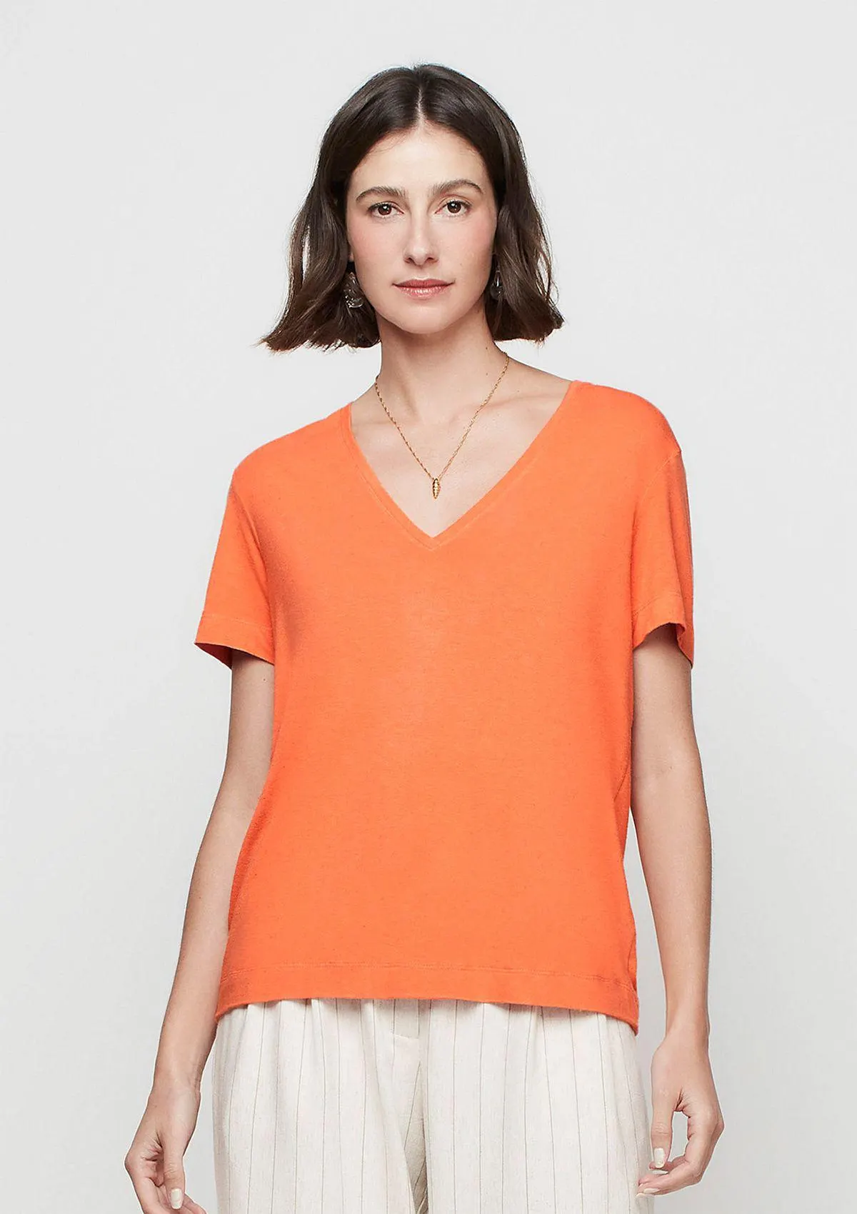 Blusa Alongada Decote V Em Viscose - Laranja