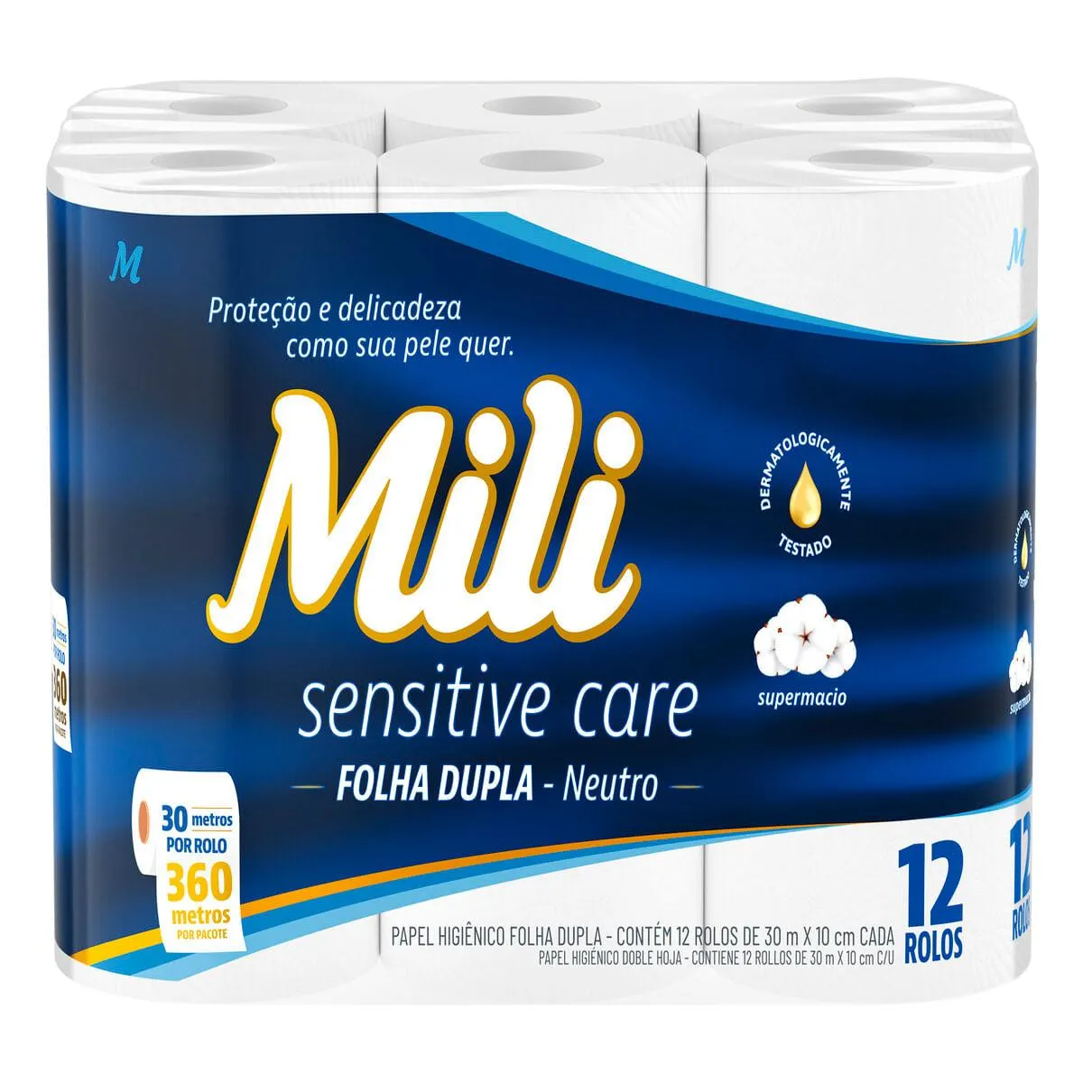 Papel Higiênico Folha Dupla Mili Neutro 30m Com 12 Rolos