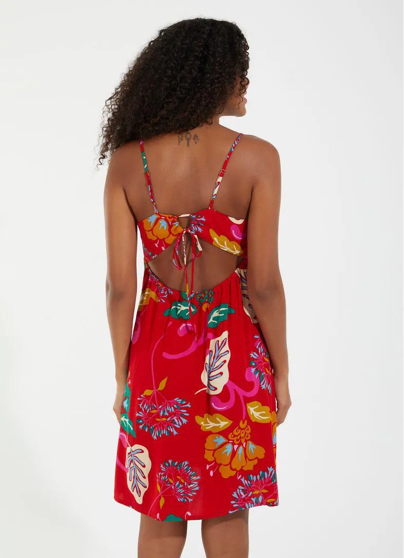 Vestido curto amarração estampado prosa vermelho
