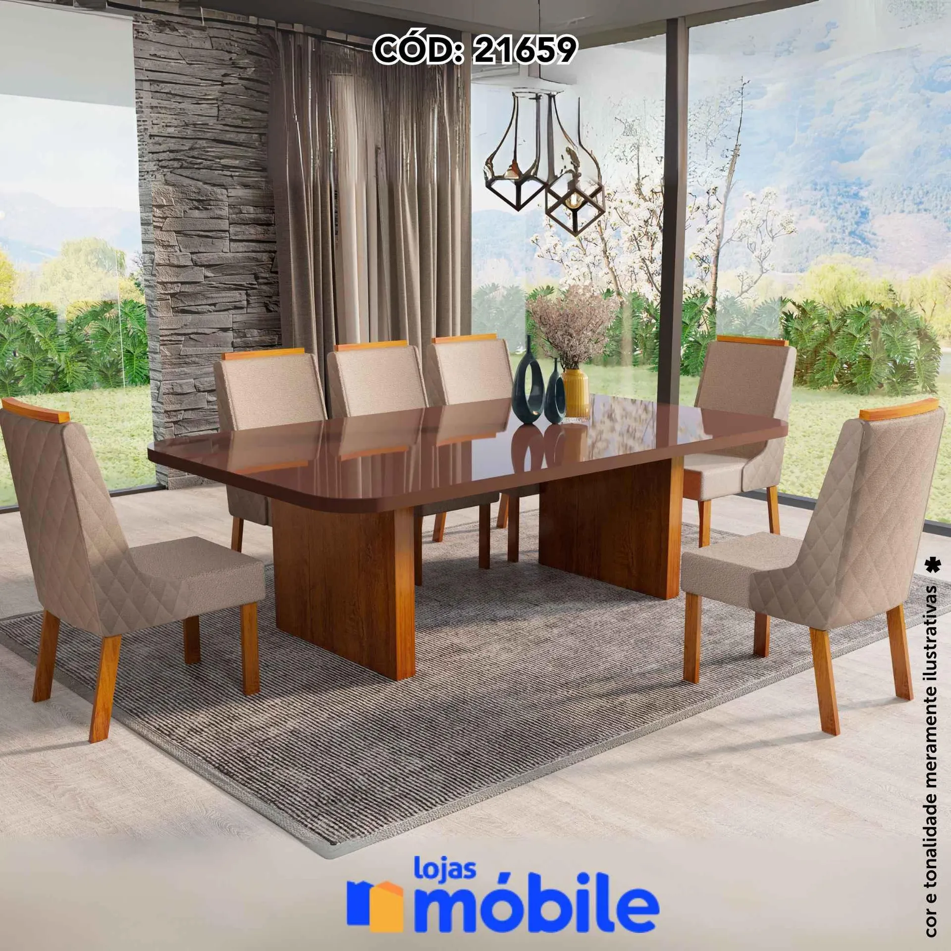 Mesa de Jantar 196x90 Tampo Café 6 Cadeiras (21659)