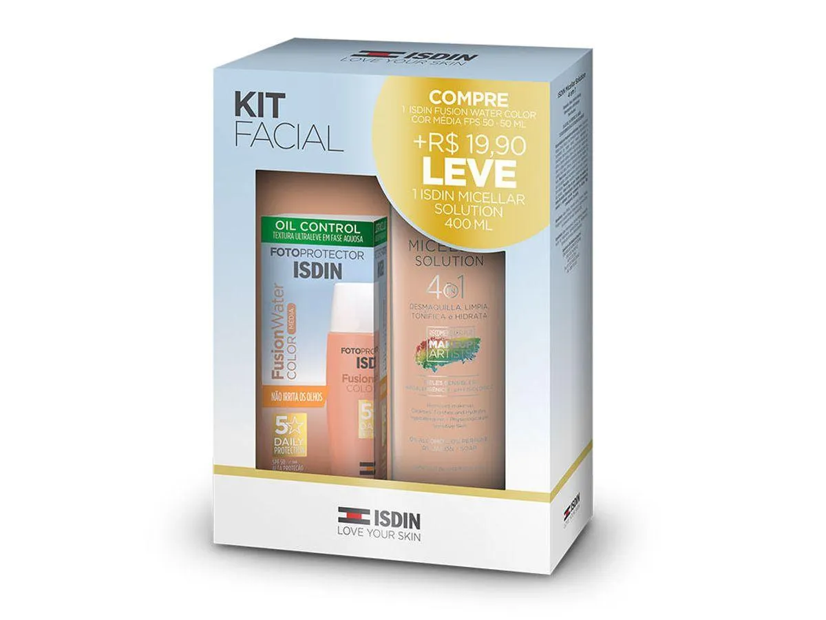 Kit Facial Isdin Protetor Solar Fusion Water Cor Média FPS50 50ml + Isdin Micellar Solution 400ml