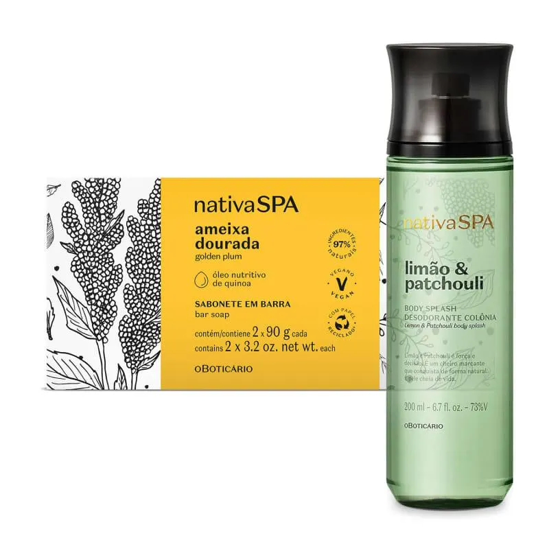 Combo Presente Natal Nativa SPA: Body Splash Limão e Patchouli 200ml + Sabonete em Barra Ameixa Dourada 2x90g