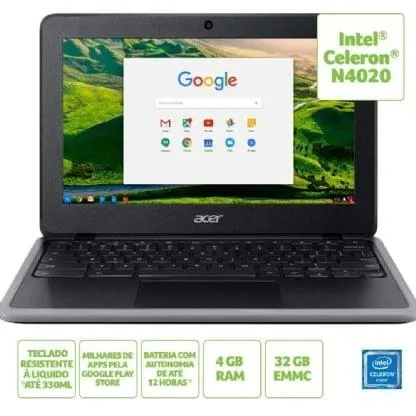 Chromebook 11.6" Acer C733-C3V2, Celeron N4020, Memoria 4GB, Armazenamento de 32GB, Sistema Chrome OS