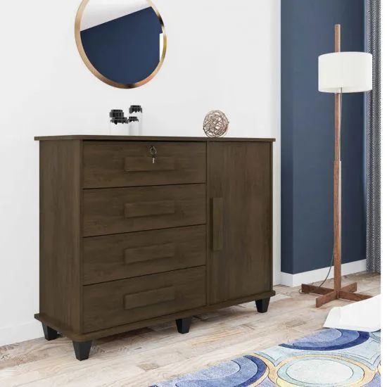 Cômoda RV Móveis Grécia - 4 Gavetas, 1 Porta - Noce