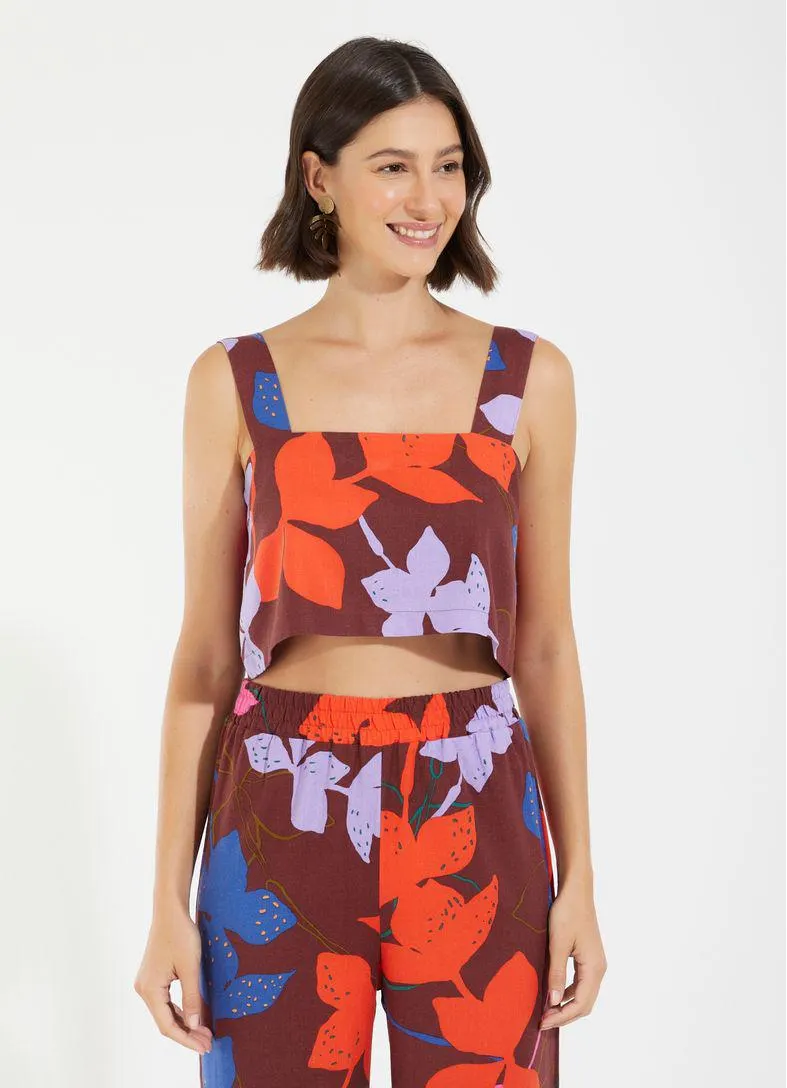 Cropped quadrado linho estampado hortelã