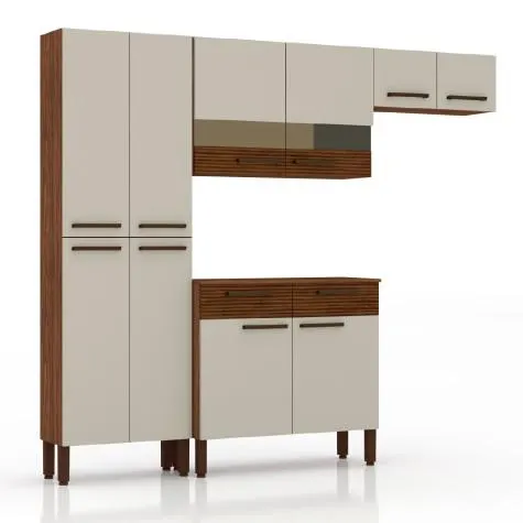 Cozinha Completa Nala com Armário e Balcão 10 Portas 2 Gavetas Ripado / Nogueira / Off White