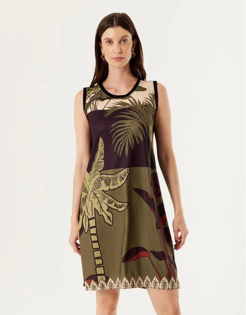 Vestido Caixinha Estampado Folhagem Tri - Preto