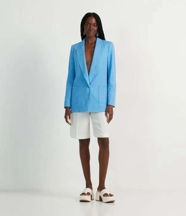 Blazer em Viscose com Forro Listrado Azul Celeste