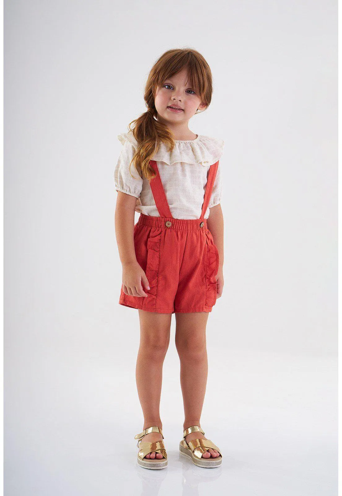 Conjunto Blusa E Short Com Suspensório Infantil Up Baby Off White