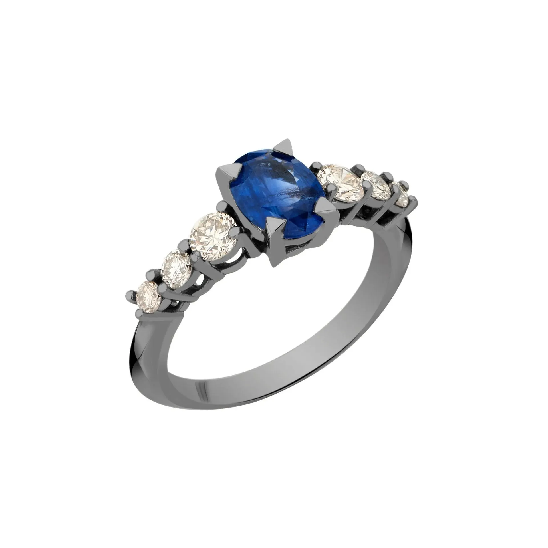 Anel Rock Star - G | Ouro Branco 18K com Ródio Negro, Diamantes e Safira