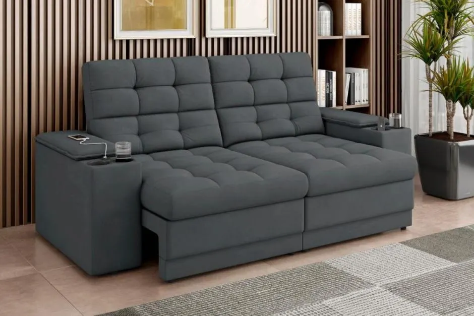 Sofá Confort Premium 1,70m Assento Retrátil/Reclinável porta copos e USB Suede Cinza - XFlex Sofas