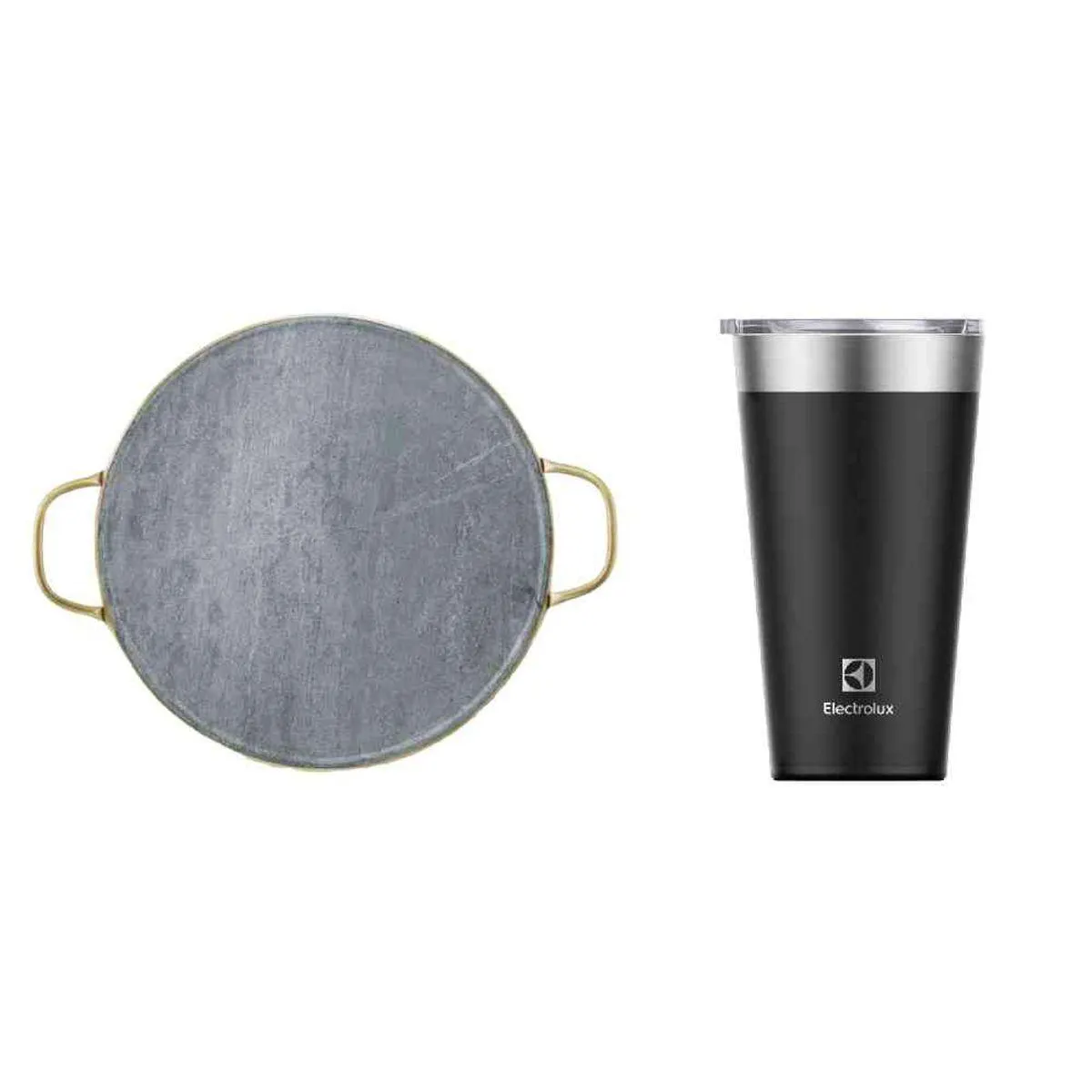 Kit Pedra para Pizza de Pedra Sabão com Alças de Cobre + Copo Térmico 560ml Preto Sense Electrolux