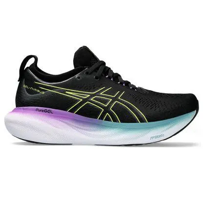 Tênis ASICS GEL-Nimbus 25 - Feminino - Preto e Amarelo com Lilás e Verde