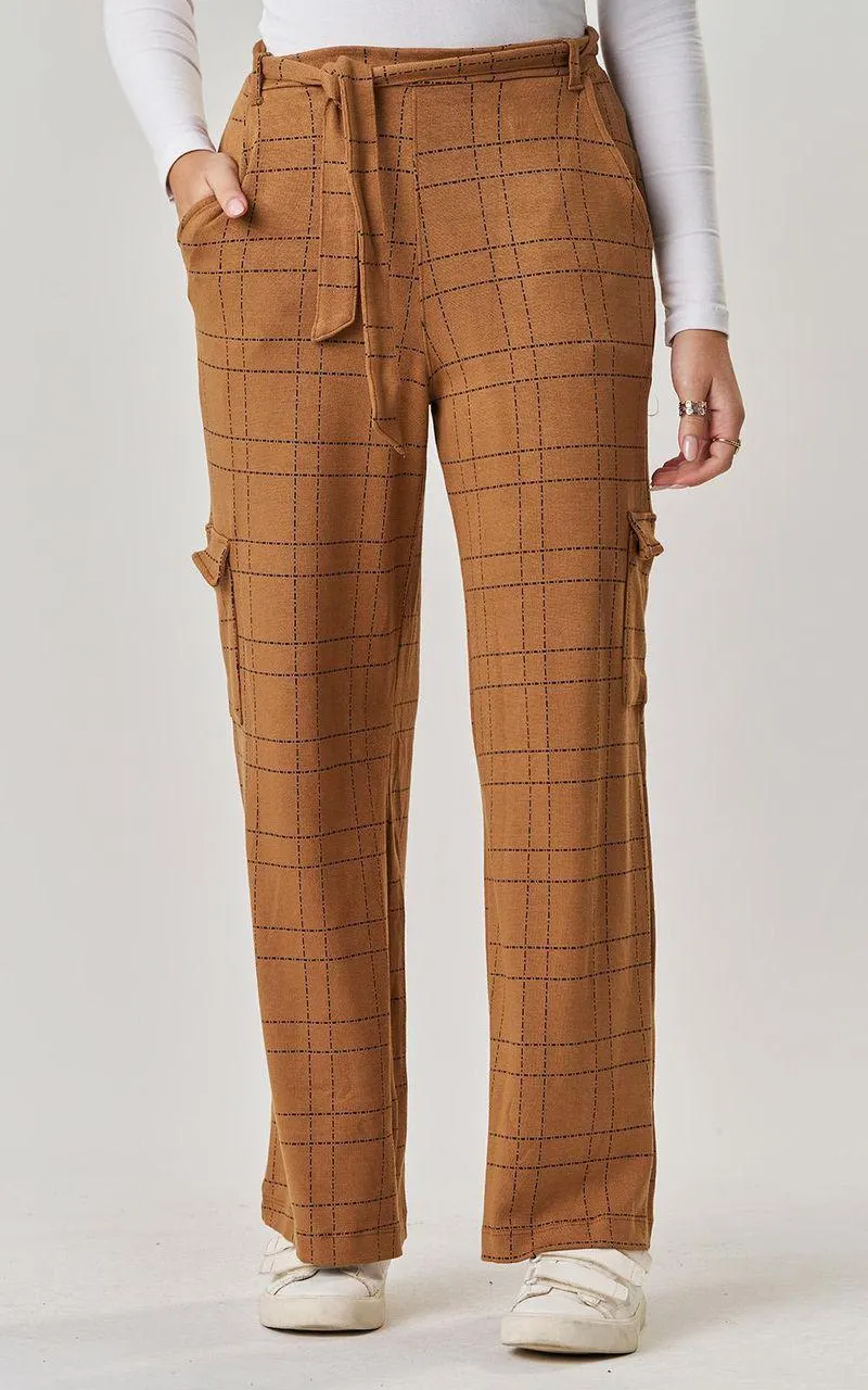 Calça wide leg cargo xadrez - CANELA