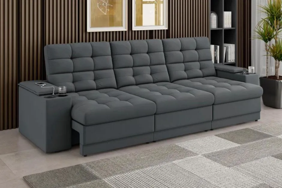 Sofá Confort Premium 2,30m Assento Retrátil/Reclinável porta copos e USB Suede Cinza - XFlex Sofas