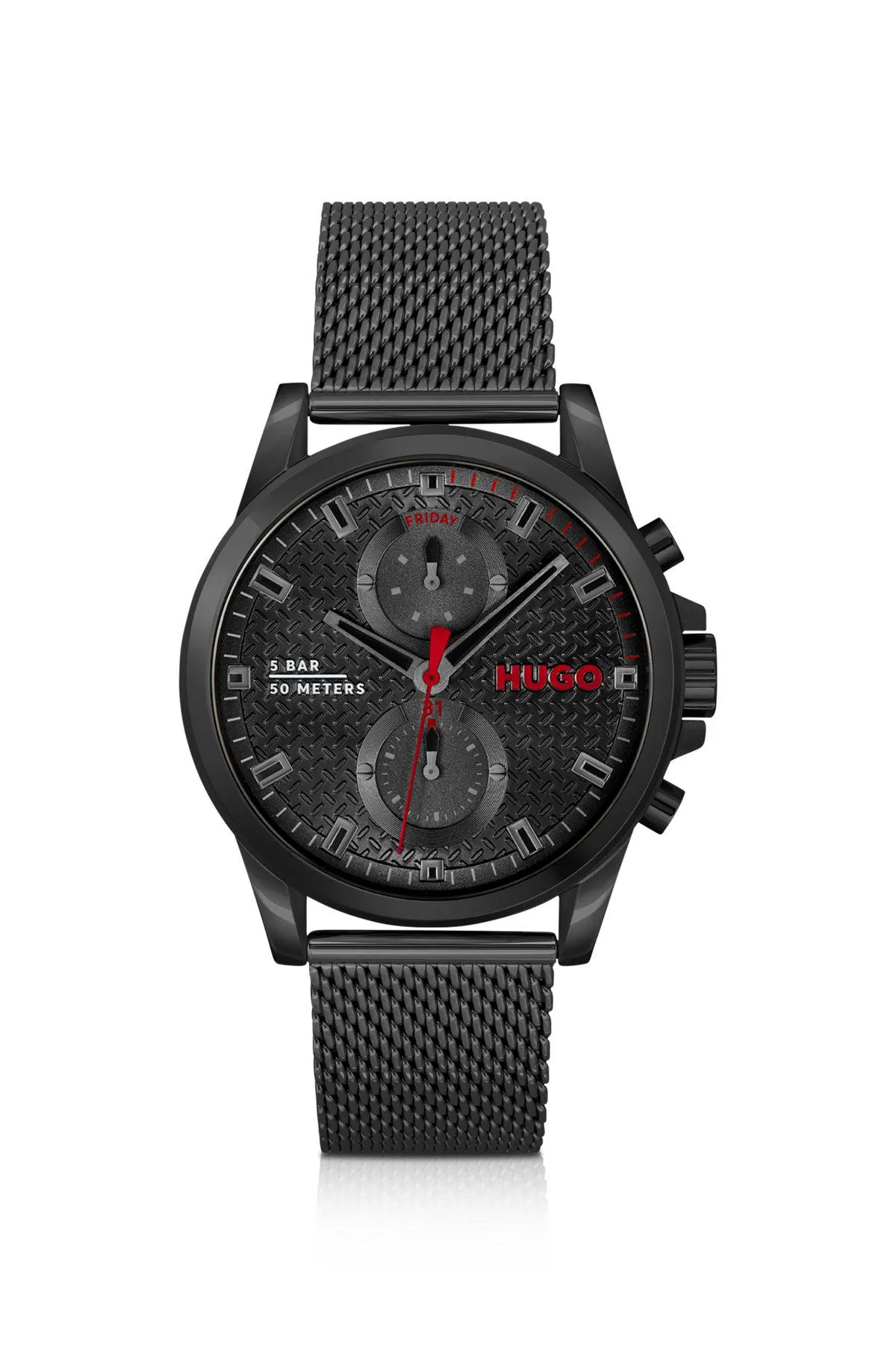 Black-plated watch with mesh bracelet
