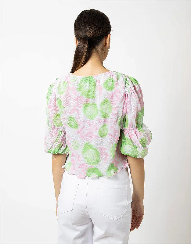 Pleated Georgette U-neck Blouse Pink Tulle