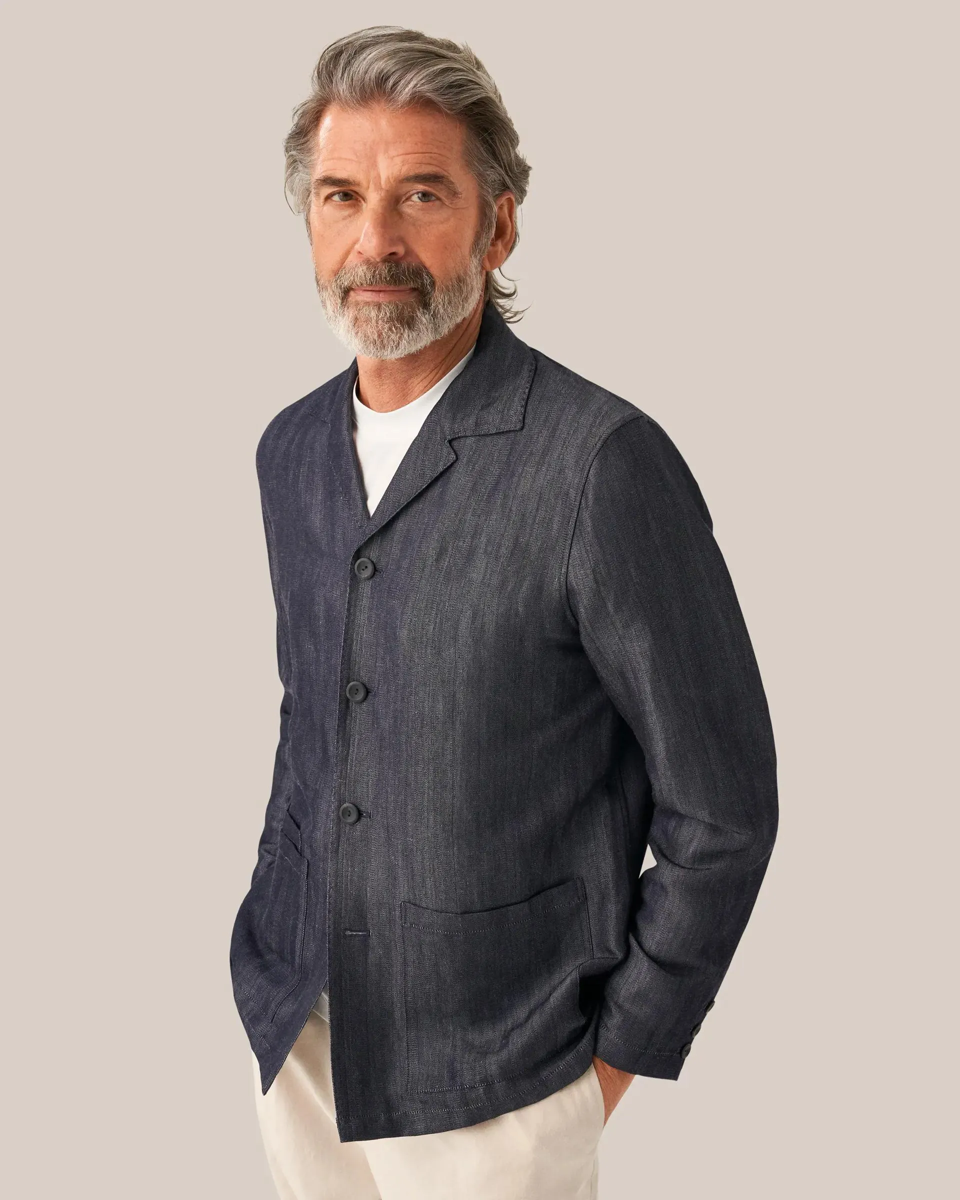Navy Herringbone Linen Wool Cashmere Overshirt