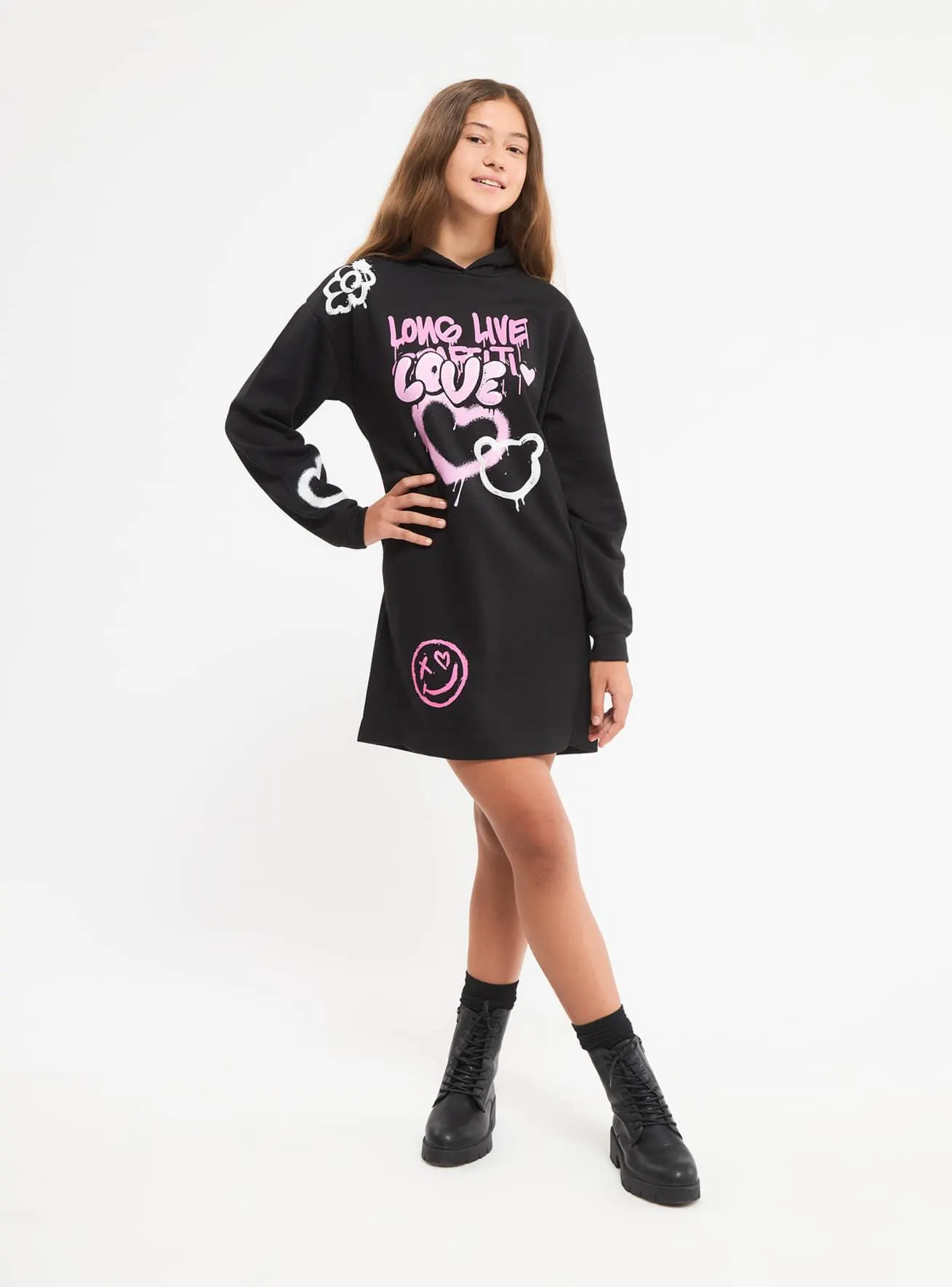 Vestito felpa con cappuccio stampe graffiti Nero