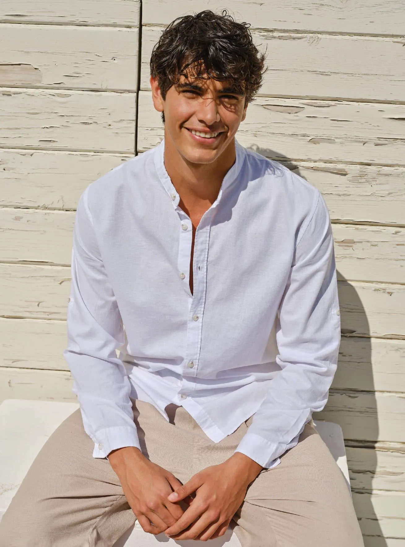 Camicia coreana misto lino a tinta unita Bianco ottico