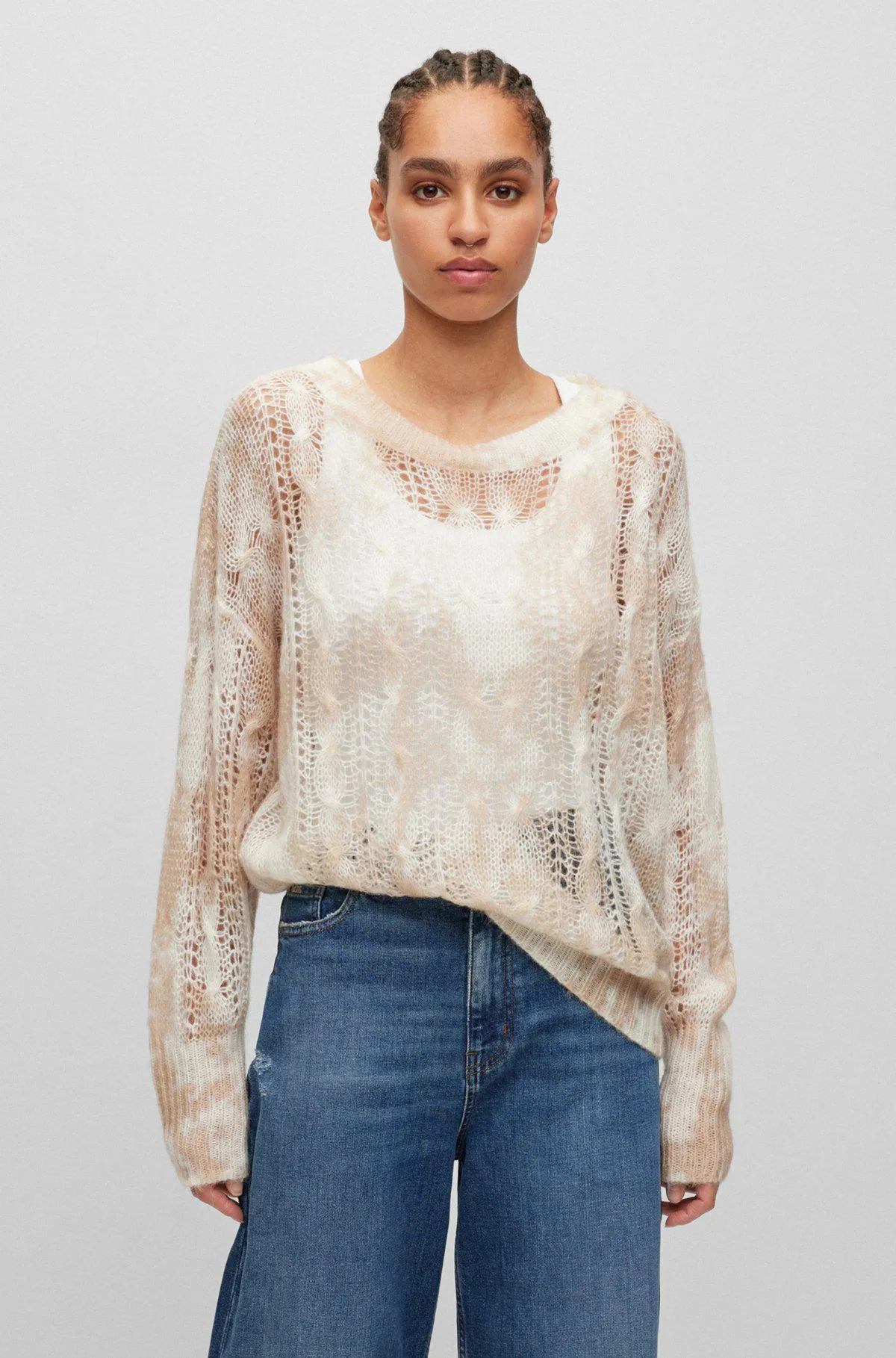 Wide-neck printed sweater with open cable knit