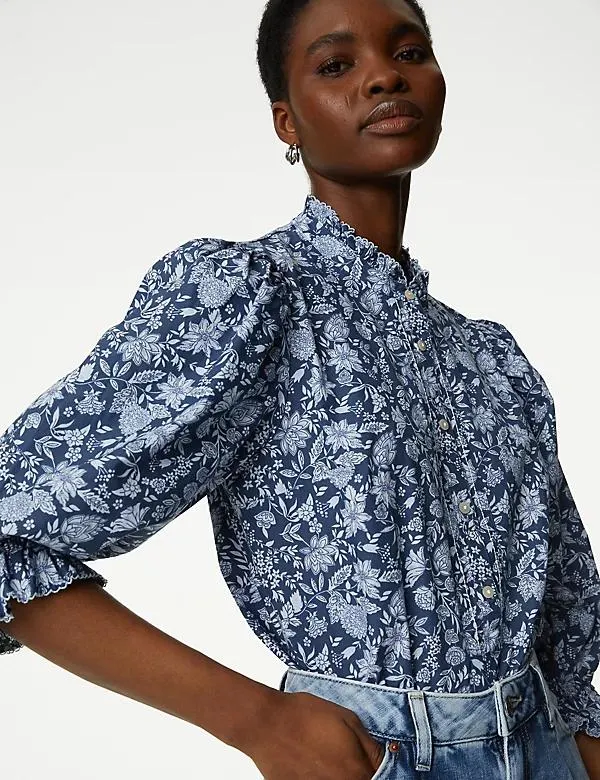 Pure Cotton Floral High Neck Blouse