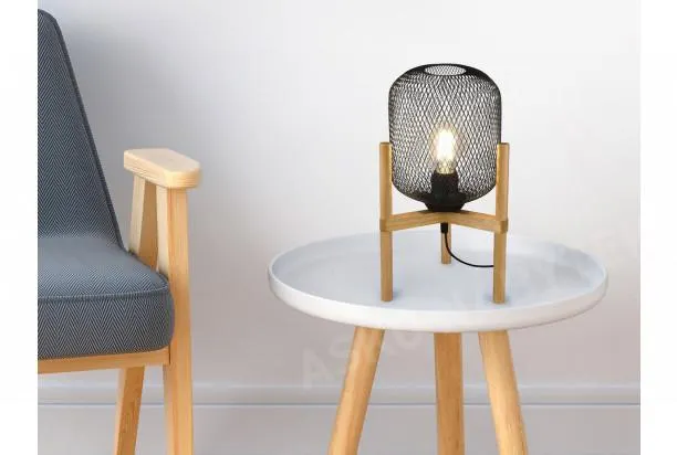 Stolní lampa Calimero, dřevo, drátěné stínidlo