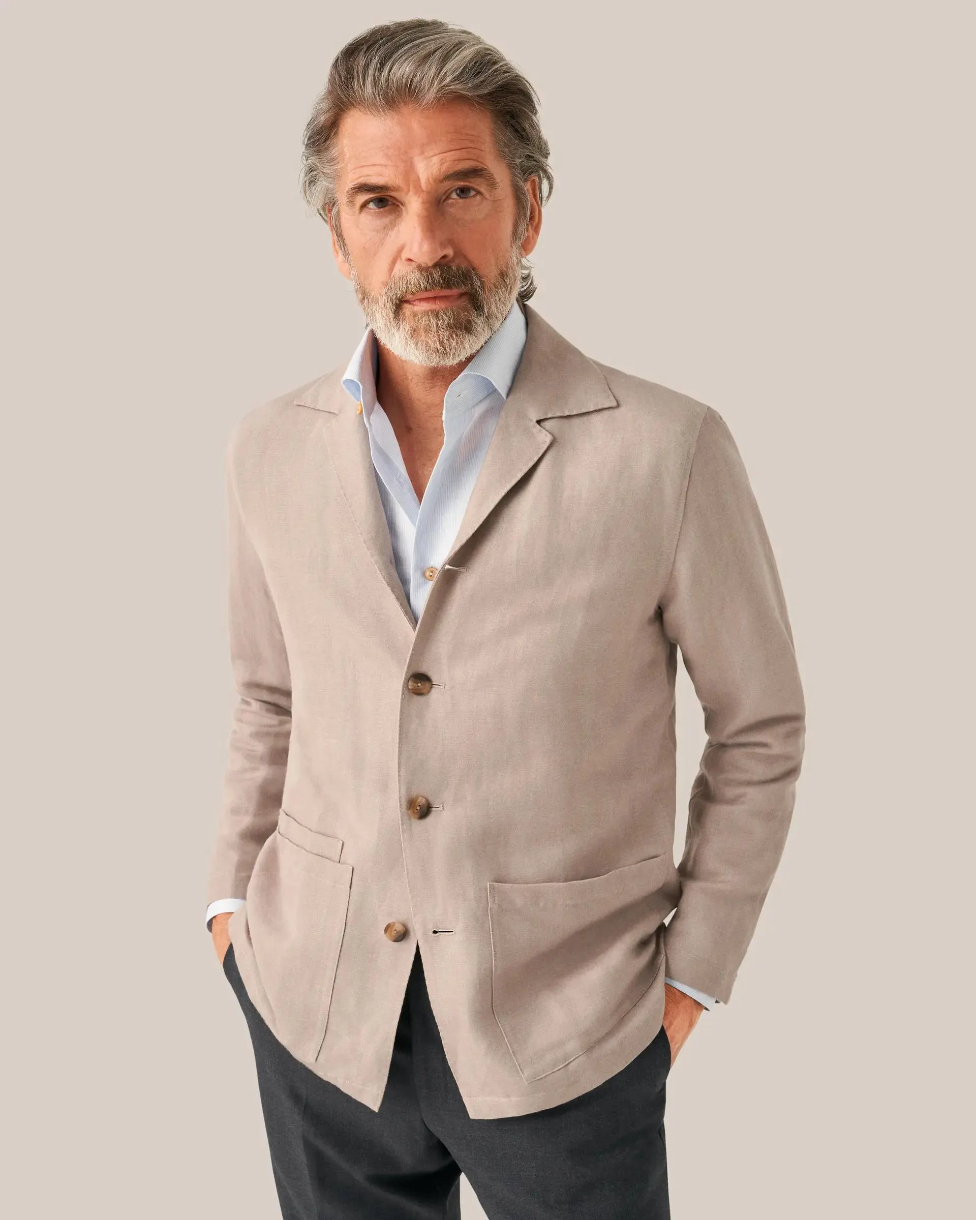 Light Brown Herringbone Linen Wool Cashmere Overshirt