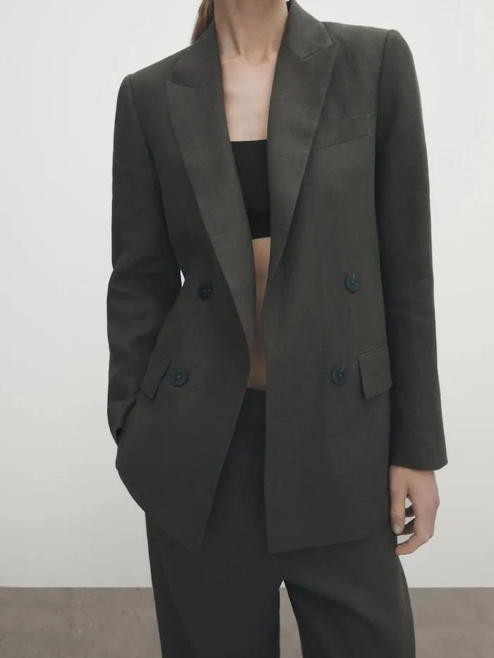 False double-breasted 100% linen suit blazer