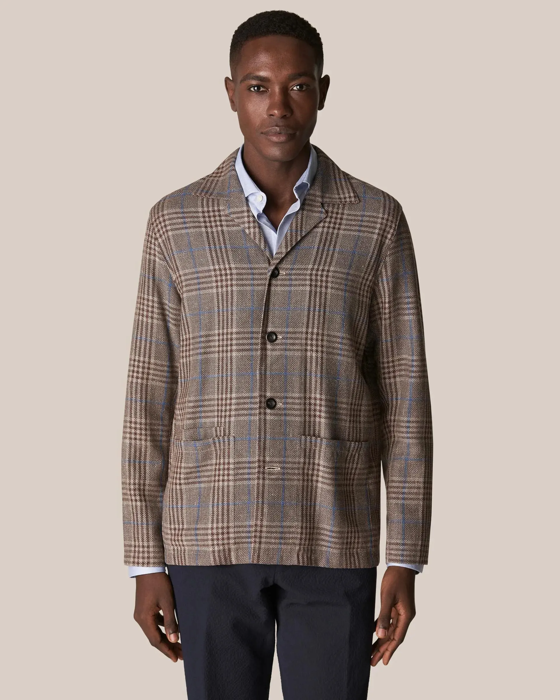 Brown Checked Wool-Silk-Linen Hopsack Overshirt