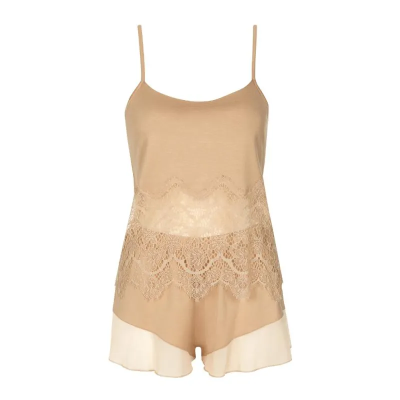 LIS-23337-PD - Pigiama donna Diva in viscosa con inserti in pizzo - beige