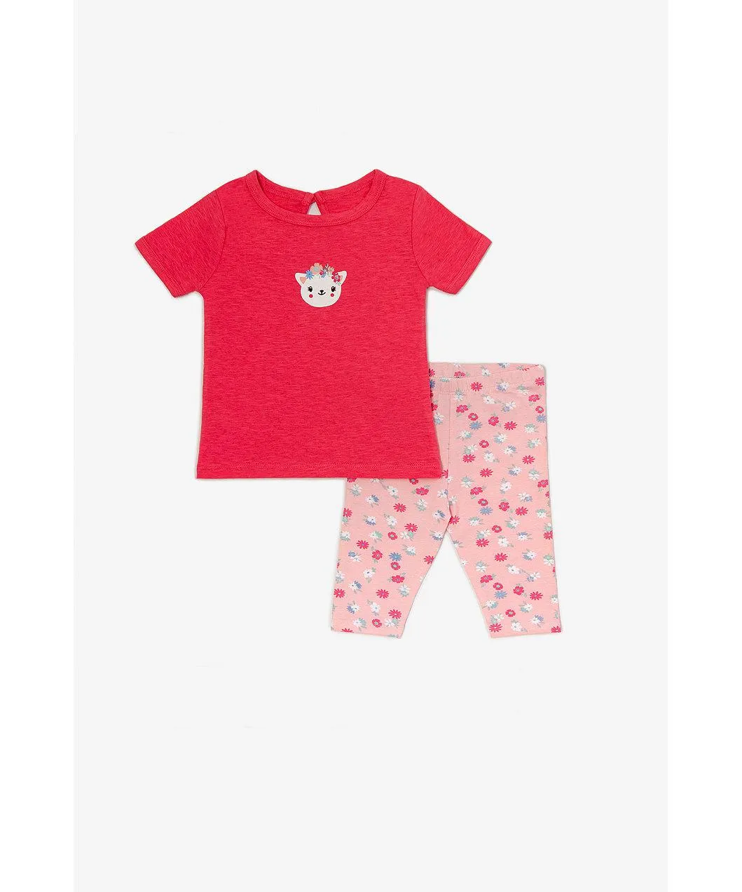 Pom & Jenny Σετ ροζ μπλούζα και κολάν με λουλουδάκια και γατούλα