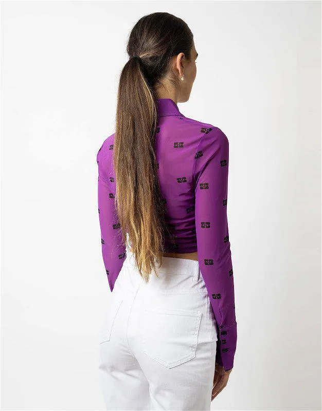 Printed Mesh Cropped Ruched Shirt Sparkling Grape
